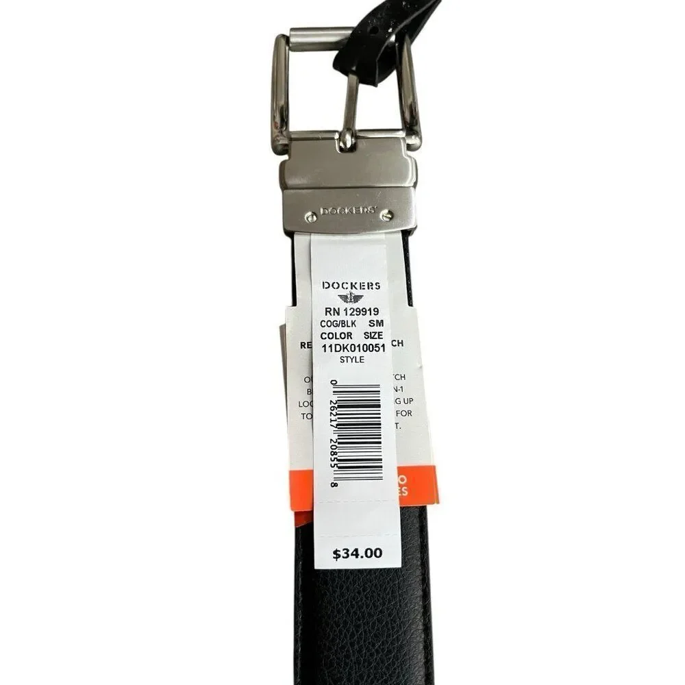 Dockers Men's Small 30 32 Two-in-One Reversible Leather Belt Silver Buckle NWT